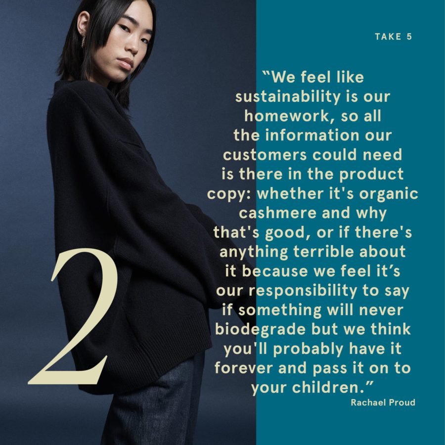 Interview and quote from Rachael Proud, creative director of Raey, discusses starting the much-loved label on its sustainability journey.