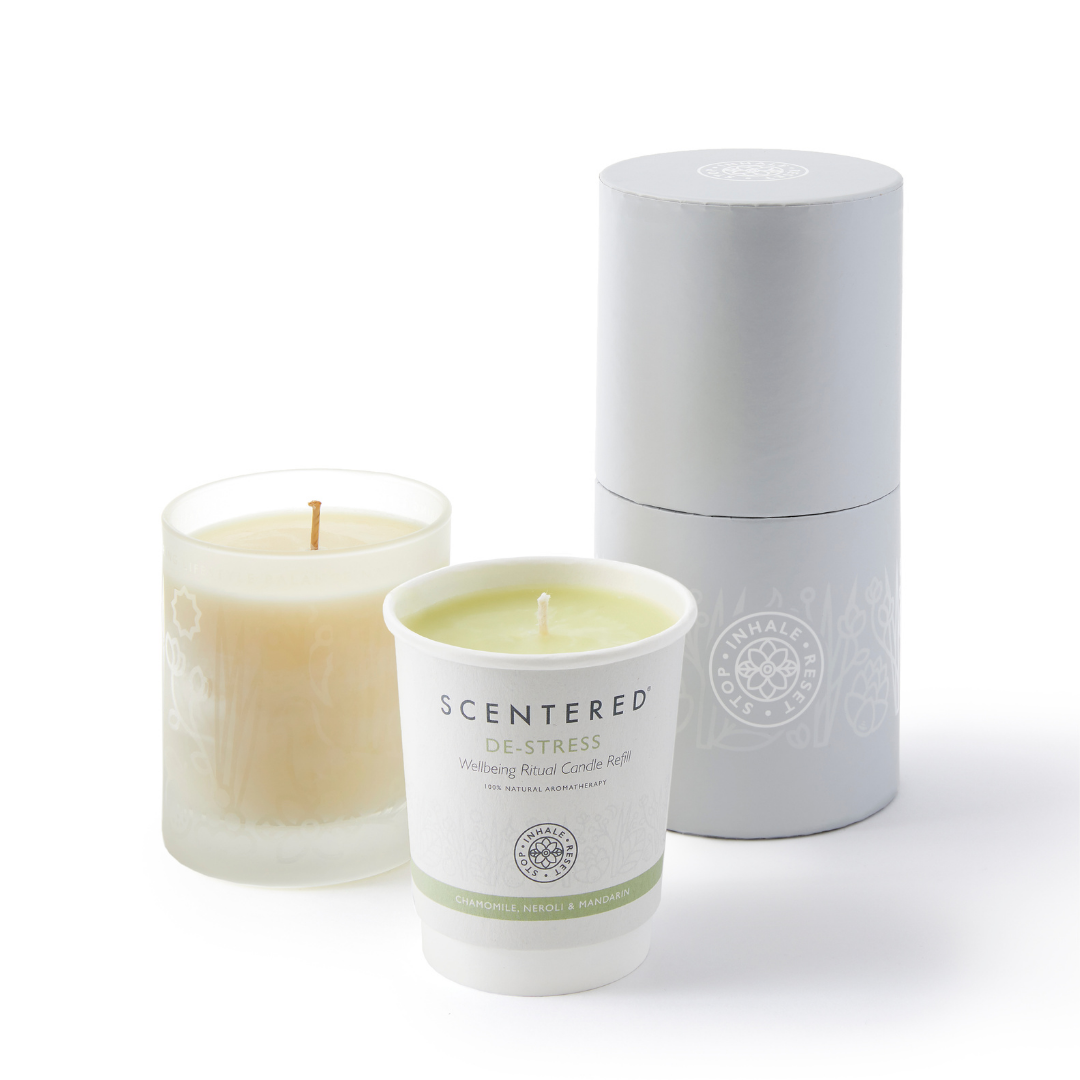 De-stress wellbeing ritual candle and refill