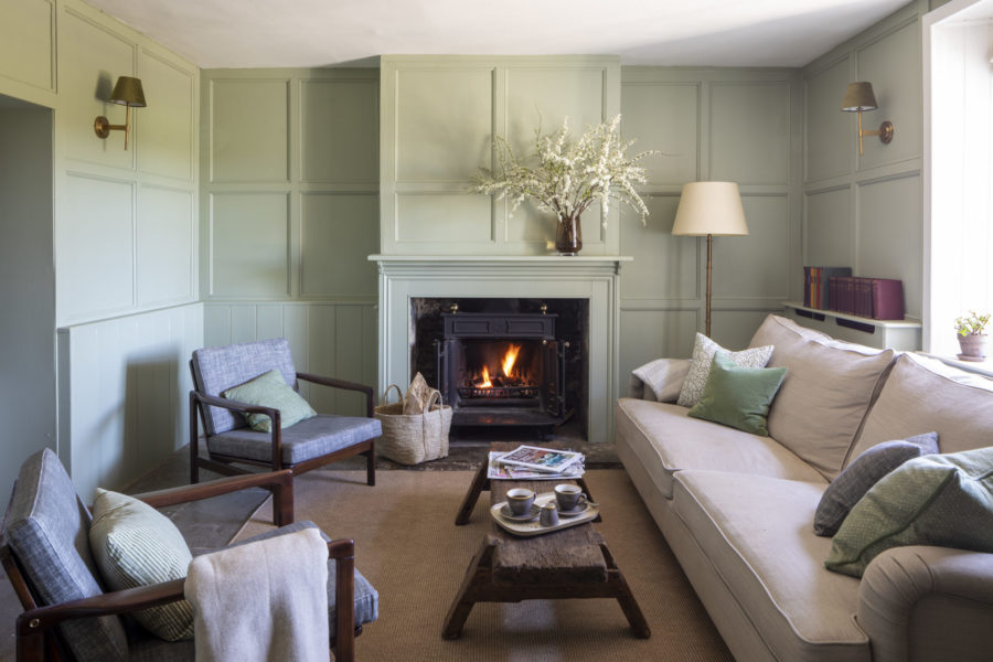 panelled dinning room. light green. Holcome Somerset.