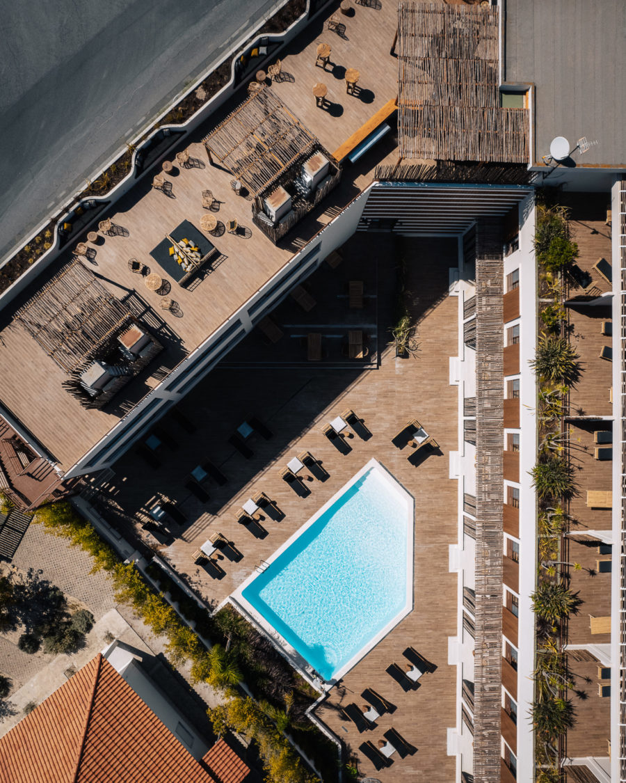 Aerial view of hotel with swimming pool
