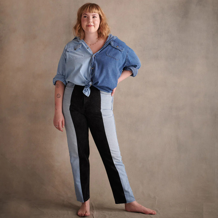 woman wearing jeans and denim shirt