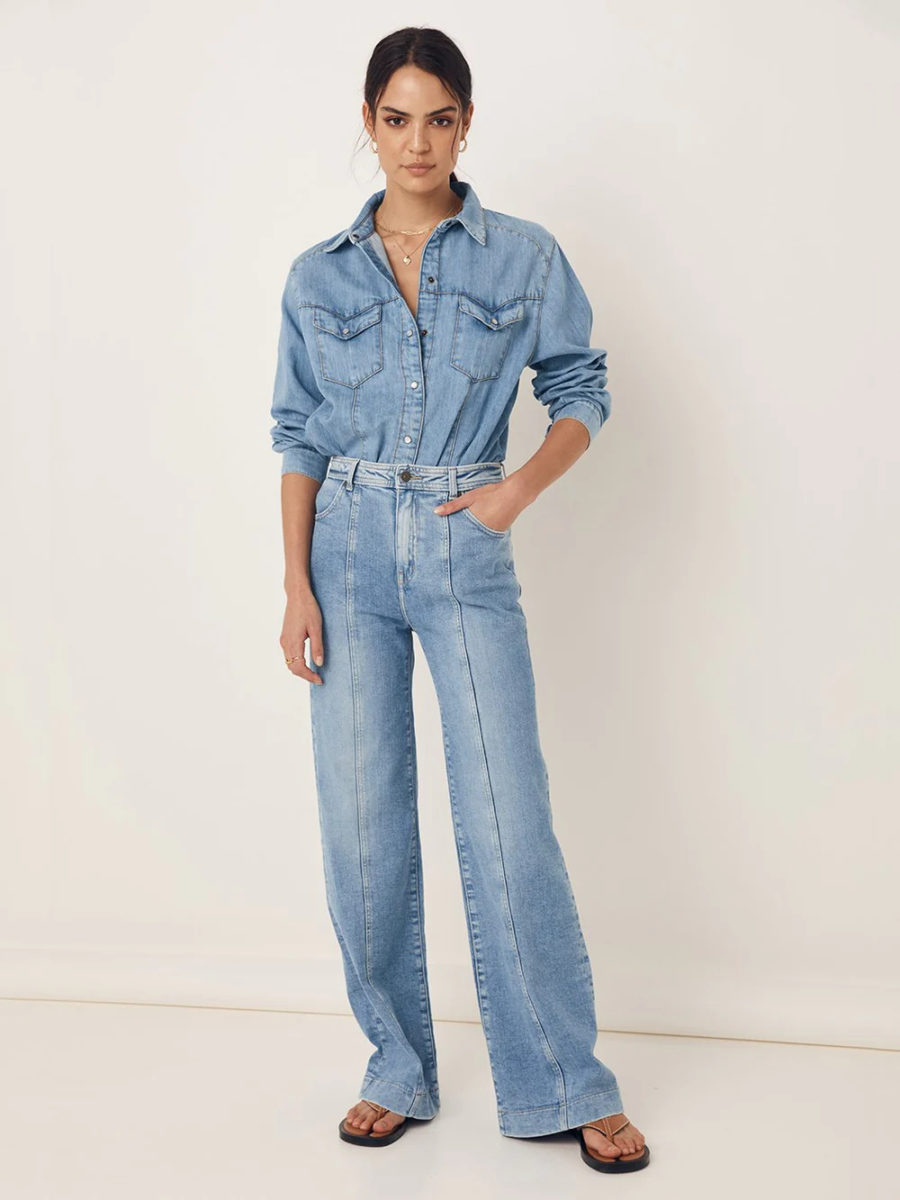 woman wearing denim shirt and jeans